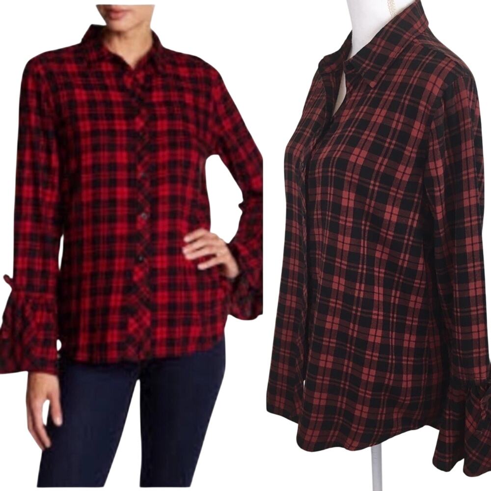 BeachLunchLounge Plaid Flannel Shirt Bell Sleeves Size Medium